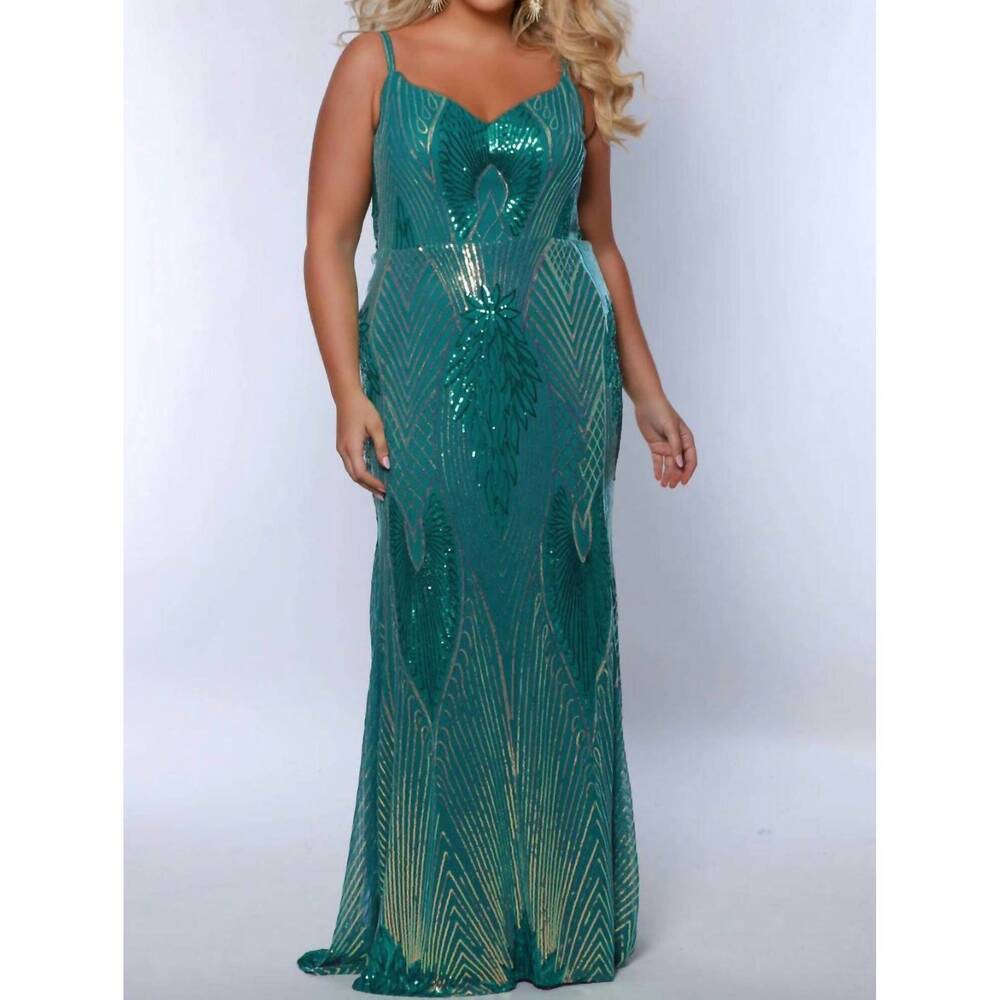 NEW SYDNEY'S CLOSET stretch jersey sequin gown in emerald